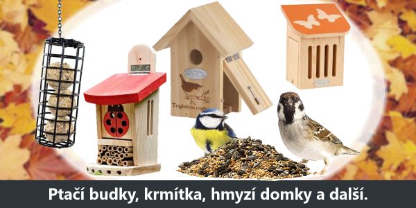 Krmiva pro ptáky, krmítka a budky.