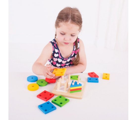 Bigjigs Baby Motorická hračka - Nasazování barevných tvarů na tyče