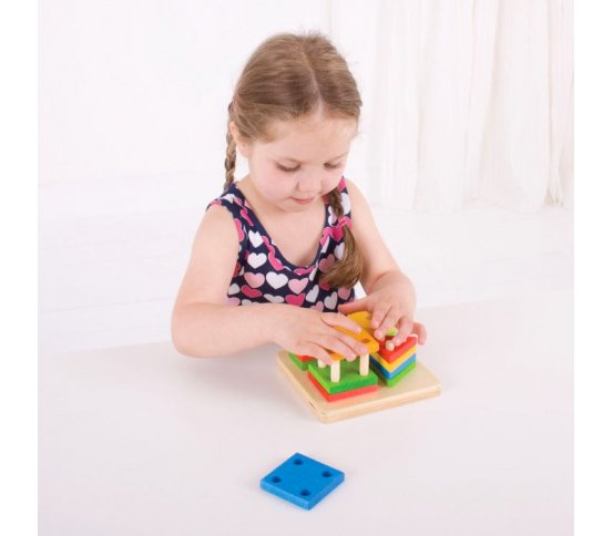 Bigjigs Baby Motorická hračka - Nasazování barevných tvarů na tyče
