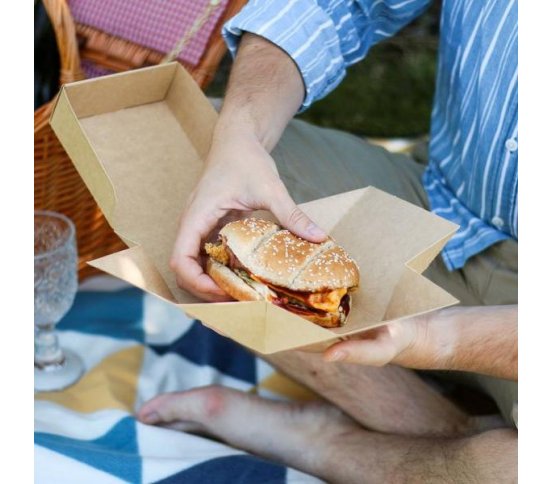Jednorázový eko hamburger box vysoký 10cm papírový