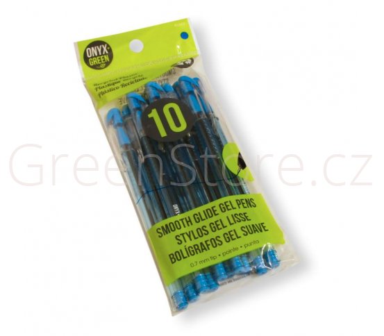 Gelová pera z recyklovaného plastu 10ks - modrá náplň Onyx Green