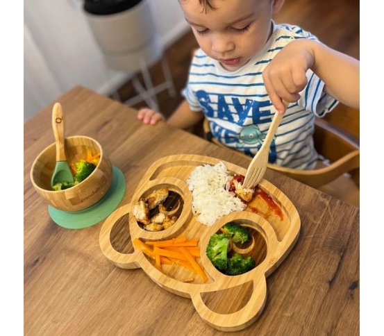 Pandoo Dětská jídelní sada s bambusovým talířem, miskou a lžičkami