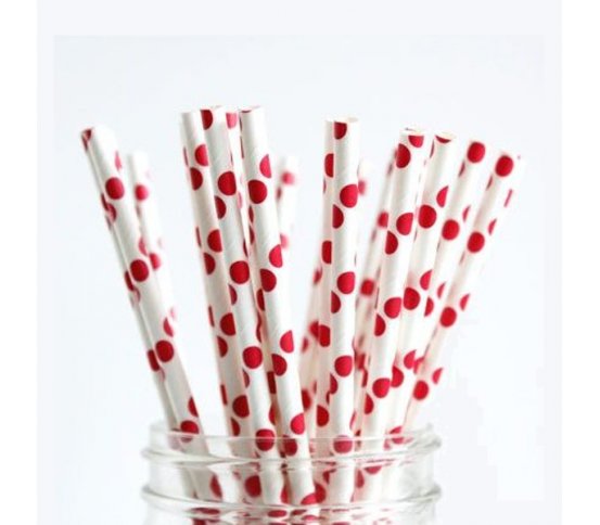 Papírová brčka 6mm x 20cm - červené puntíky (100ks)