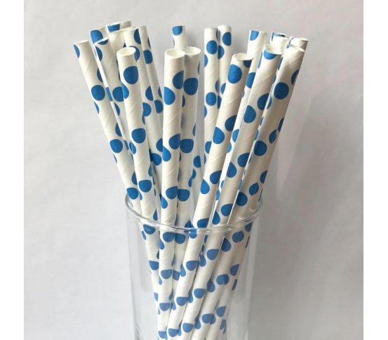Papírová brčka 6mm x 20cm - modré puntíky (100ks)