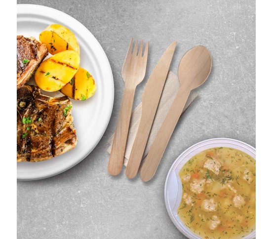 Příborový set dřevěný nůž-vidlička-lžíce-ubrousek (50ks) 3