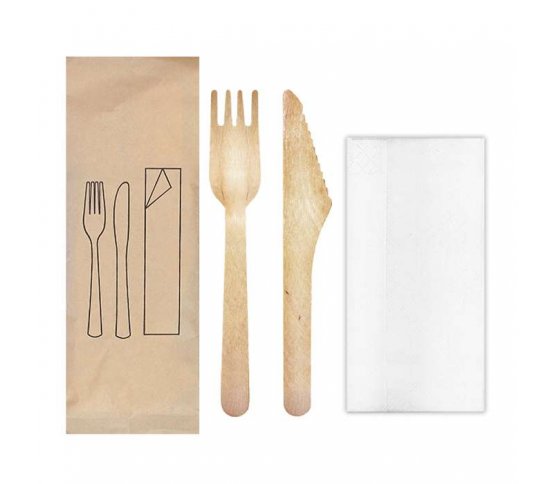 Příborový set dřevěný Nůž  Vidlička Ubrousek (100ks)
