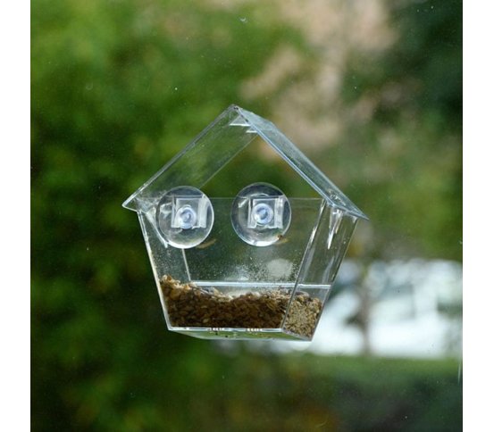 Ptačí krmítko na okno domek - transparentní s přísavky