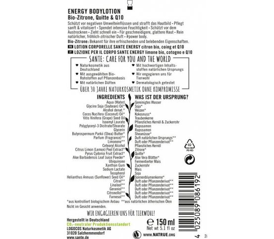 Sante Energy Tělové mléko Bio Citron, Kdoule Q10 150ml