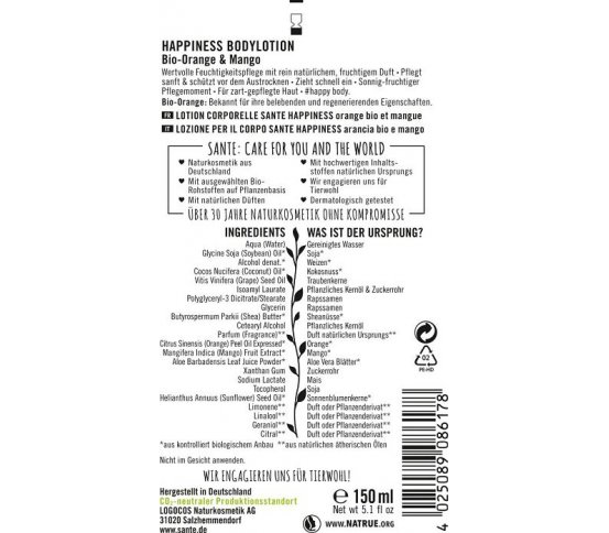 Sante Happiness Tělové mléko Bio Pomeranč Mango 150ml