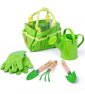 Bigjigs Toys Zahradní set nářadí v plátěné tašce zelený