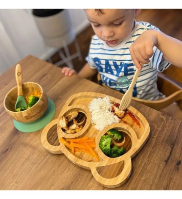 Pandoo Dětská jídelní sada s bambusovým talířem, miskou a lžičkami