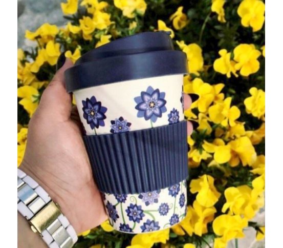 Woodway Kelímek na kávu z bambusu 300ml - Flowers Blue